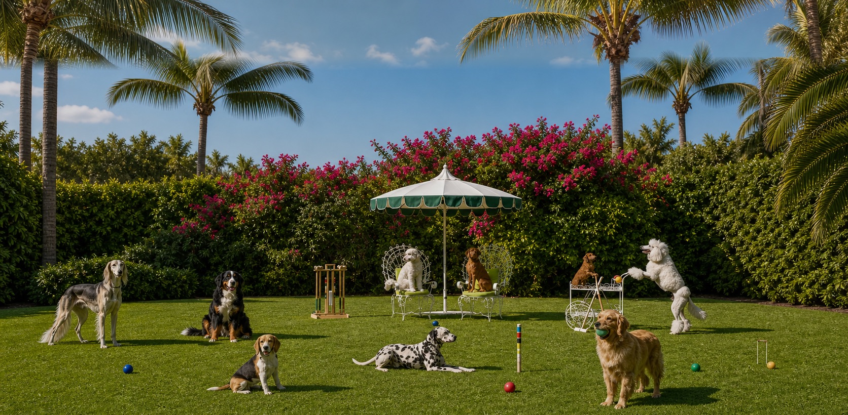 Dogs playing on a sunny garden lawn under a striped umbrella